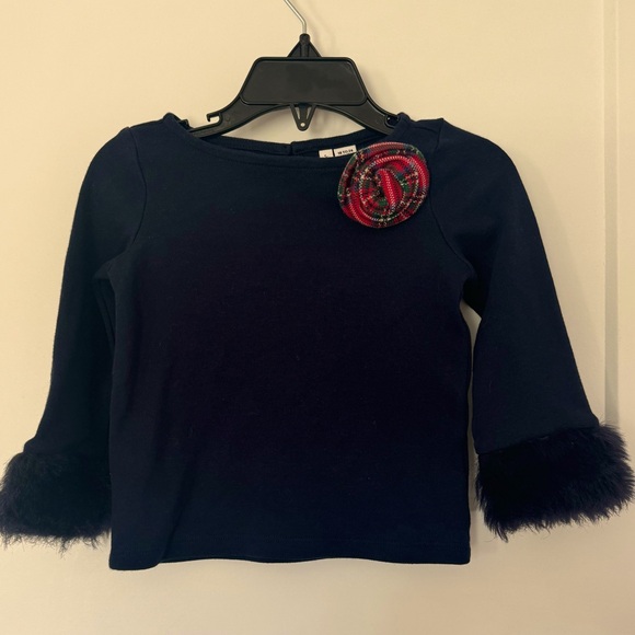 Navy Top w/ Tartan Flower & Fur Cuffs - Picture 1 of 3